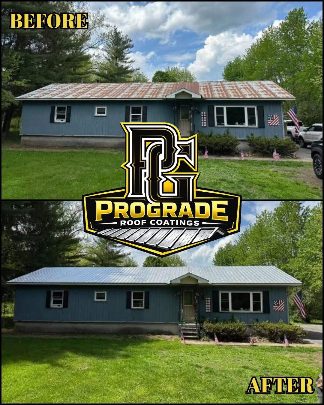 Before and after: a ranch house's faded metal roof, then coated