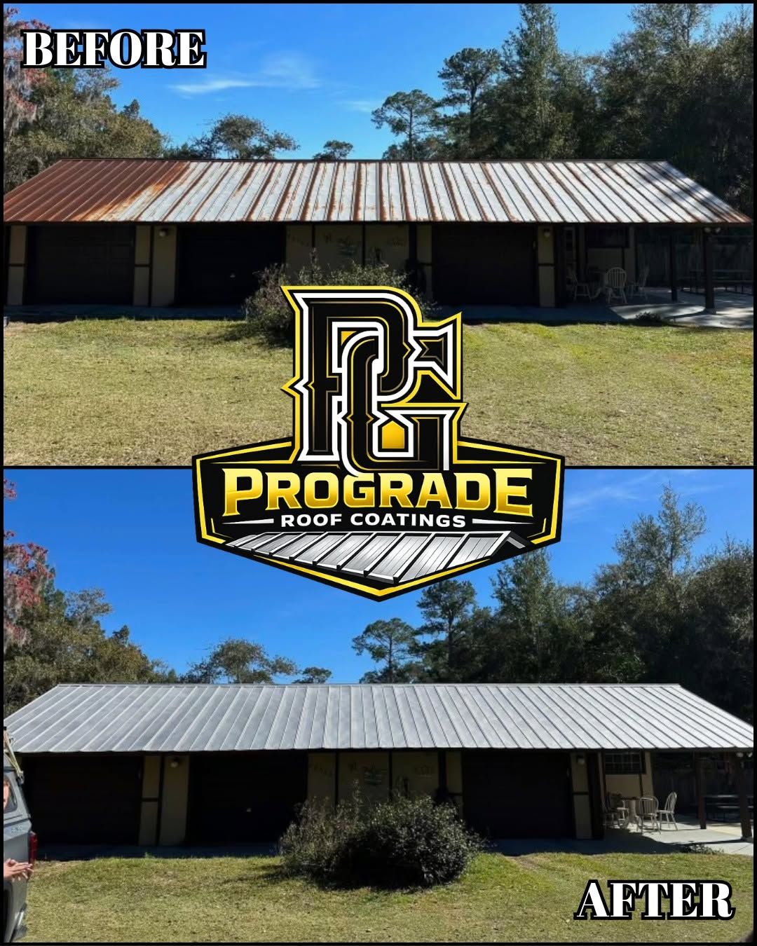 Before and after: a rusted pole shed roof, then coated